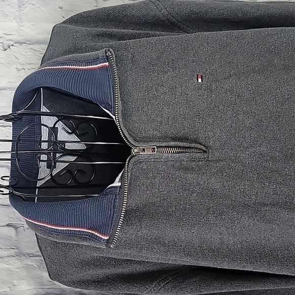 TOMMY HILFIGER Flag Logo 1/4 Zip Gray and Blue Sweater XXL/TG - Picture 2 of 6